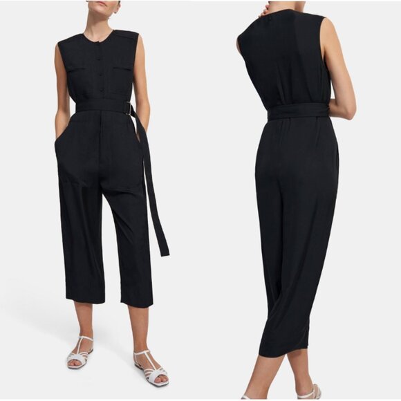 THEORY Cargo Jumpsuit in Twill Sleeveless Belted Lightweight Black Size S - Picture 1 of 8